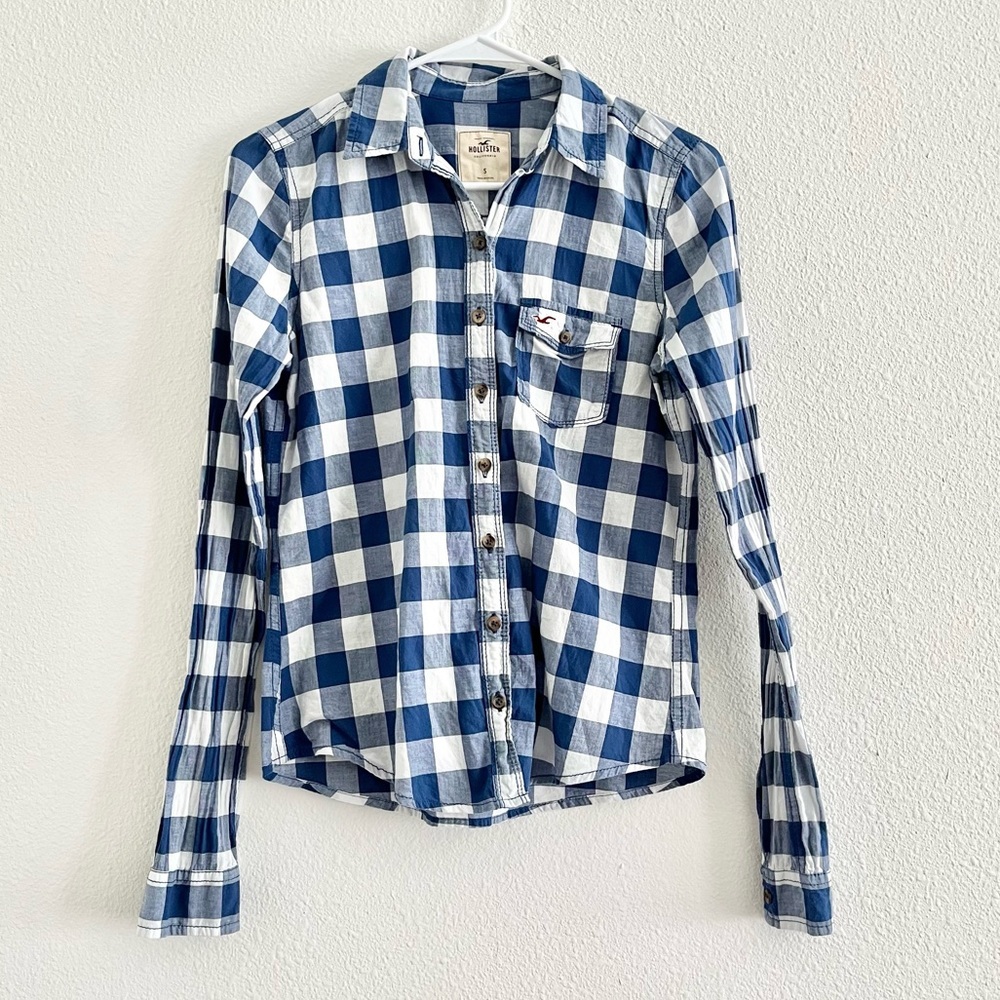 Hollister Blue White Plaid Checker Pocket Long Sleeve Button Down Top Size Small